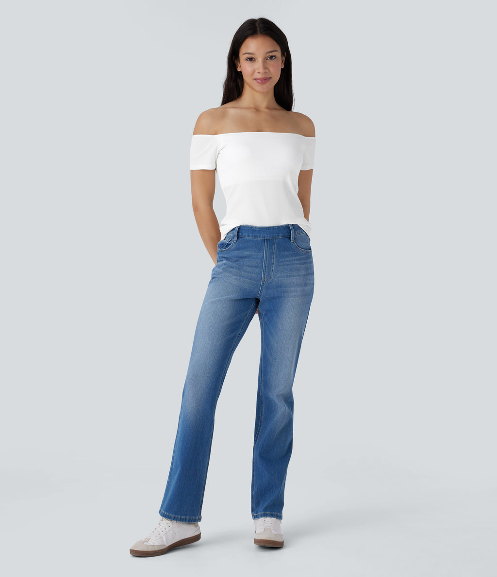Ribbed Knit Off Shoulder Short Sleeve 2-in-1 Casual Top — White — view 6