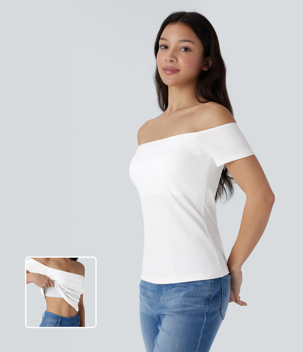 Ribbed Knit Off Shoulder Short Sleeve 2-in-1 Casual Top — White — view 2