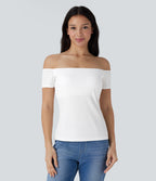 Ribbed Knit Off Shoulder Short Sleeve 2-in-1 Casual Top — White — view 4