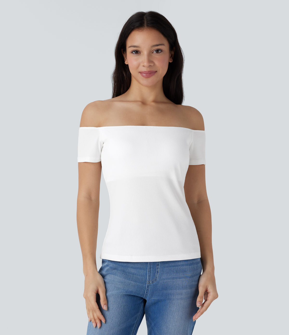 Ribbed Knit Off Shoulder Short Sleeve 2-in-1 Casual Top — White — view 4