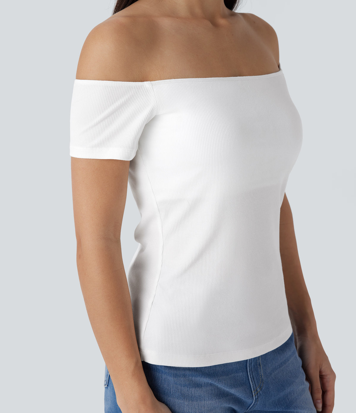 Ribbed Knit Off Shoulder Short Sleeve 2-in-1 Casual Top — White — view 5