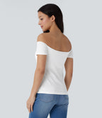 Ribbed Knit Off Shoulder Short Sleeve 2-in-1 Casual Top — White — view 3
