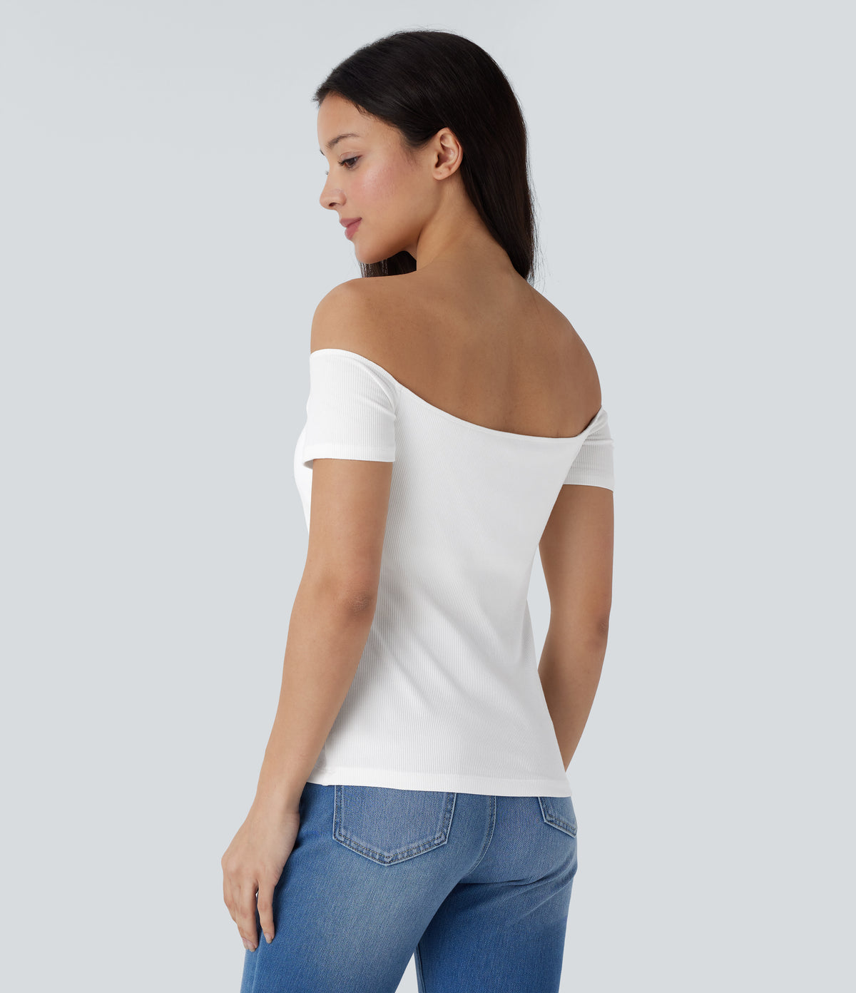 Ribbed Knit Off Shoulder Short Sleeve 2-in-1 Casual Top — White — view 3