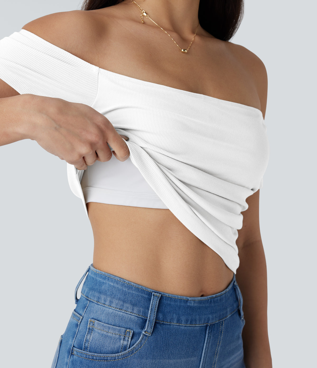 Ribbed Knit Off Shoulder Short Sleeve 2-in-1 Casual Top — White — view 1