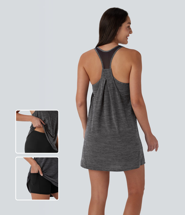 U Neck Backless Racerback Contrast Mesh 2-Piece Side Pocket Mini Yoga Active Dress — Deep Gray Texture — view 1