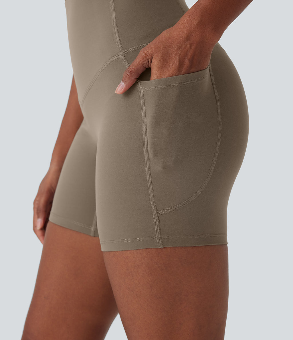 High Waisted Tummy Control Built-in Underwear Shaping Training Biker Shorts 5'' With Pockets — Dawn Brown — view 4