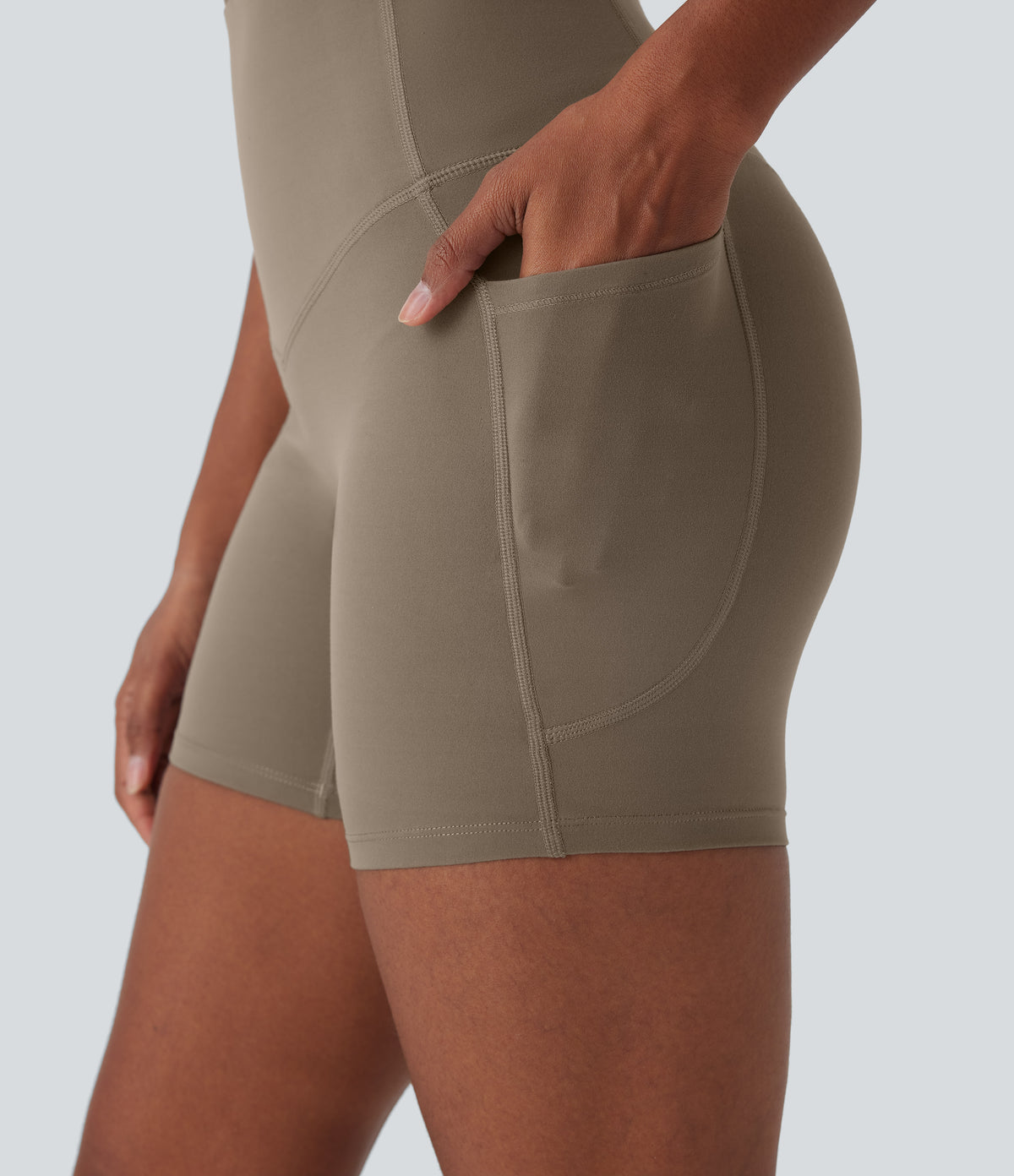 High Waisted Tummy Control Built-in Underwear Shaping Training Biker Shorts 5'' With Pockets — Dawn Brown — view 4