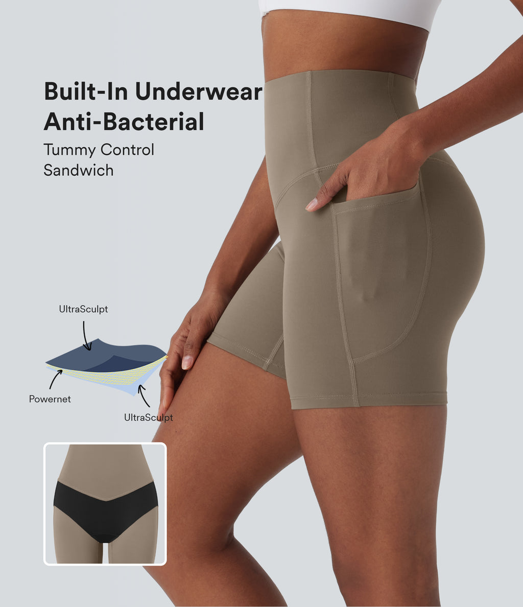 High Waisted Tummy Control Built-in Underwear Shaping Training Biker Shorts 5'' With Pockets — Dawn Brown — view 1