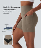 High Waisted Tummy Control Built-in Underwear Shaping Training Biker Shorts 5'' With Pockets — Dawn Brown — view 1