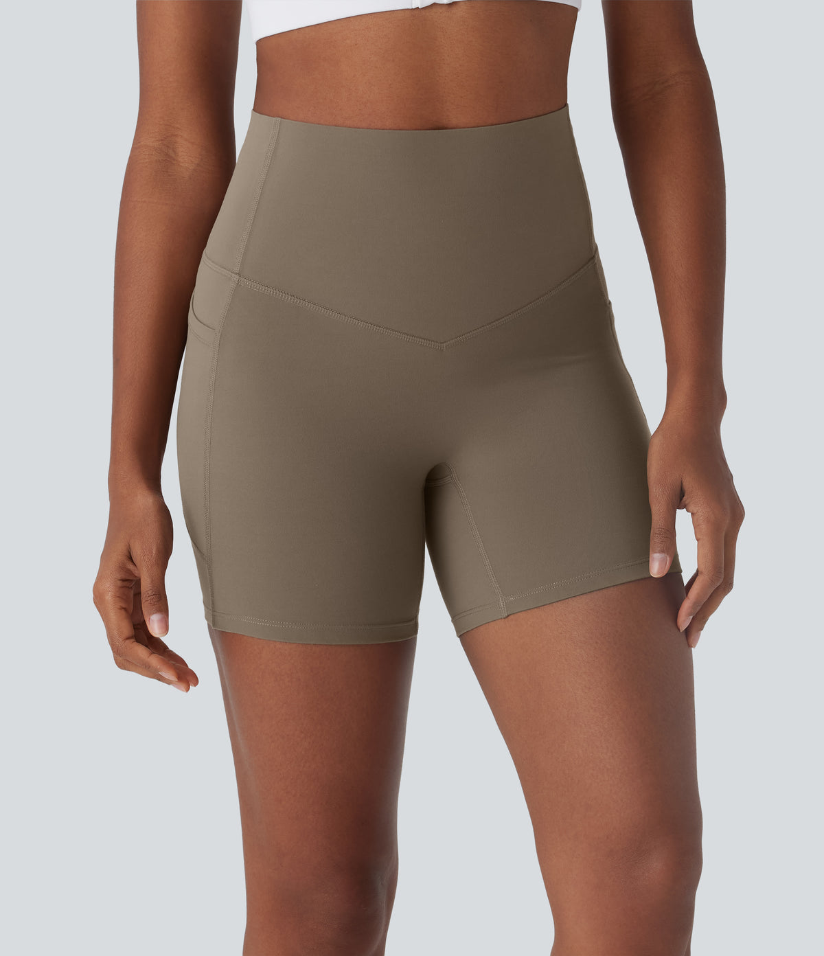 High Waisted Tummy Control Built-in Underwear Shaping Training Biker Shorts 5'' With Pockets — Dawn Brown — view 3