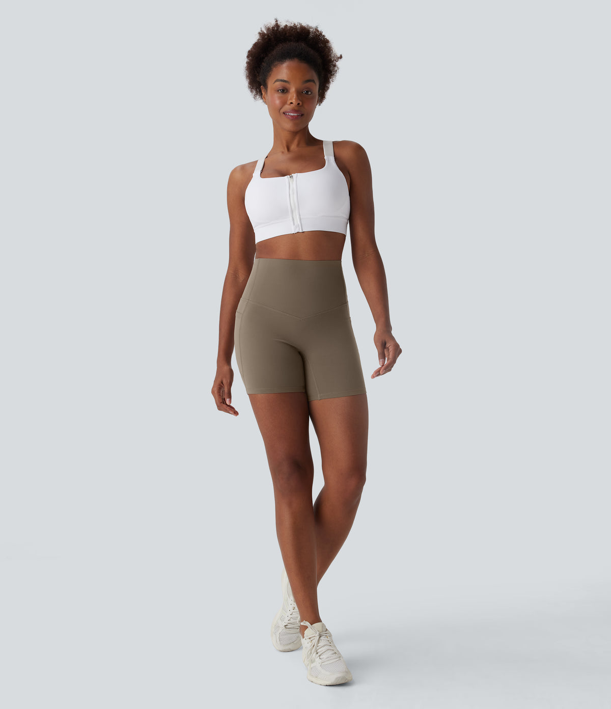 High Waisted Tummy Control Built-in Underwear Shaping Training Biker Shorts 5'' With Pockets — Dawn Brown — view 6