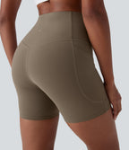 High Waisted Tummy Control Built-in Underwear Shaping Training Biker Shorts 5'' With Pockets — Dawn Brown — view 5