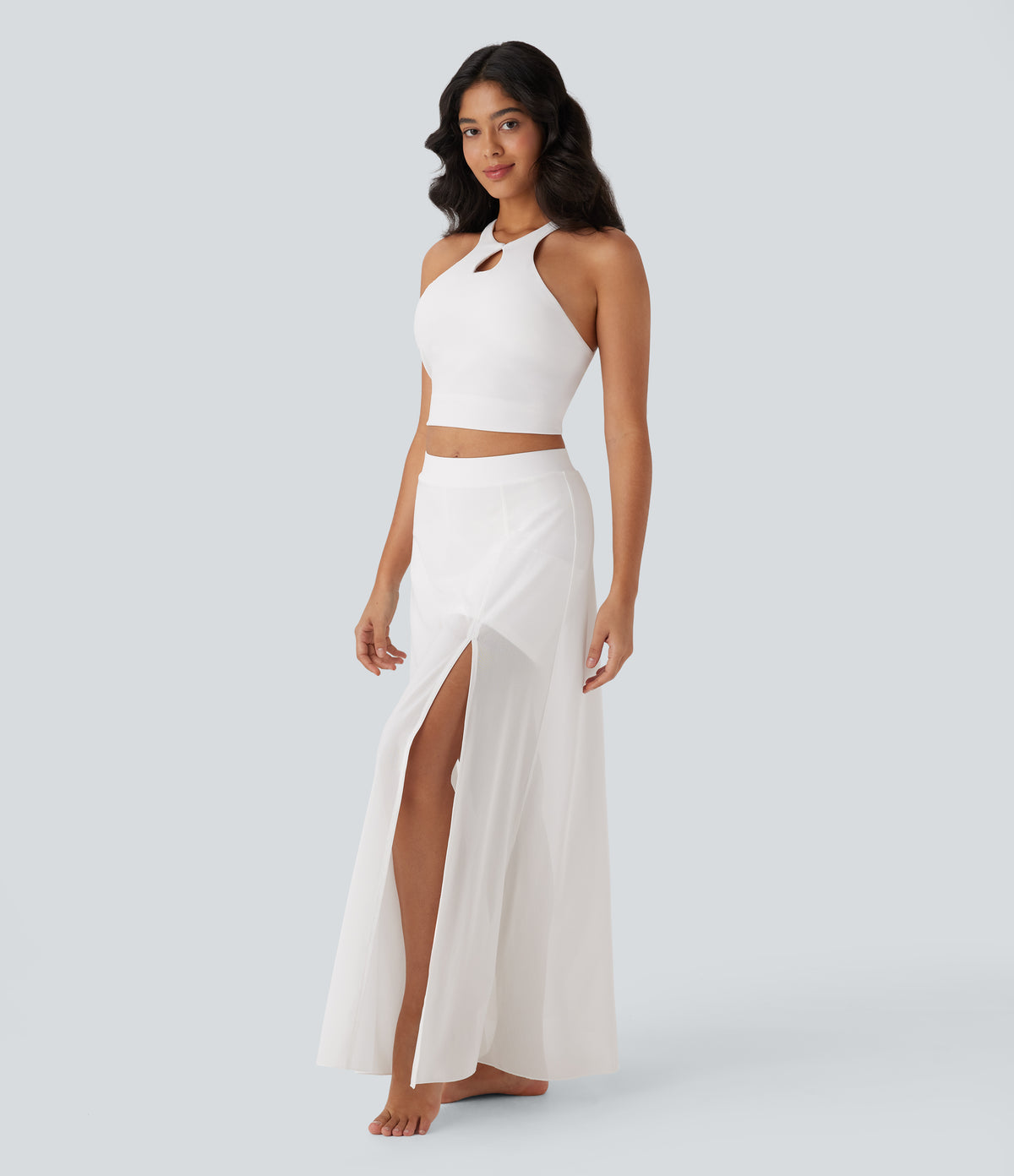 Mid Rise 2-in-1 Split Maxi Dance Skirt with Side Pocket — White — view 5