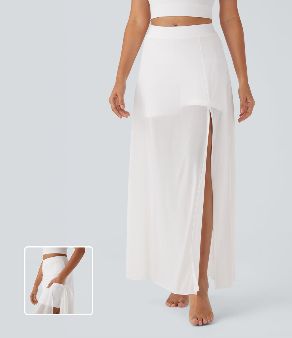 Mid Rise 2-in-1 Split Maxi Dance Skirt with Side Pocket — White — view 2