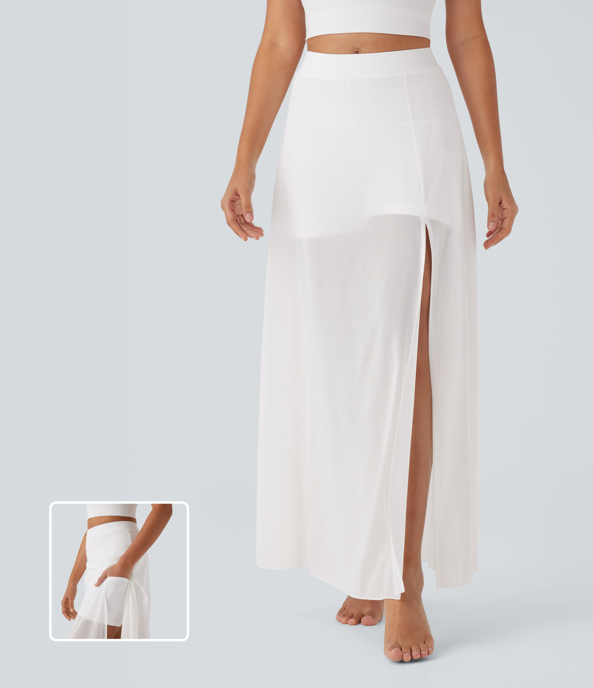 Mid Rise 2-in-1 Split Maxi Dance Skirt with Side Pocket — White — view 2