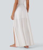 Mid Rise 2-in-1 Split Maxi Dance Skirt with Side Pocket — White — view 3