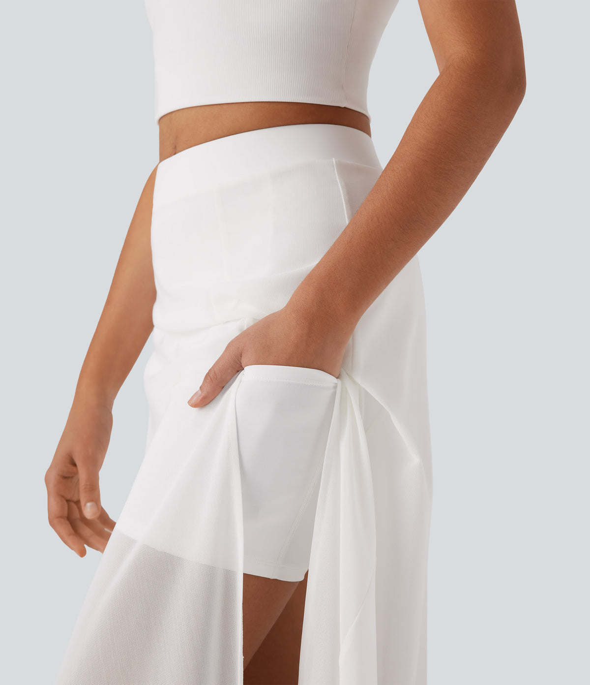 Mid Rise 2-in-1 Split Maxi Dance Skirt with Side Pocket — White — view 4