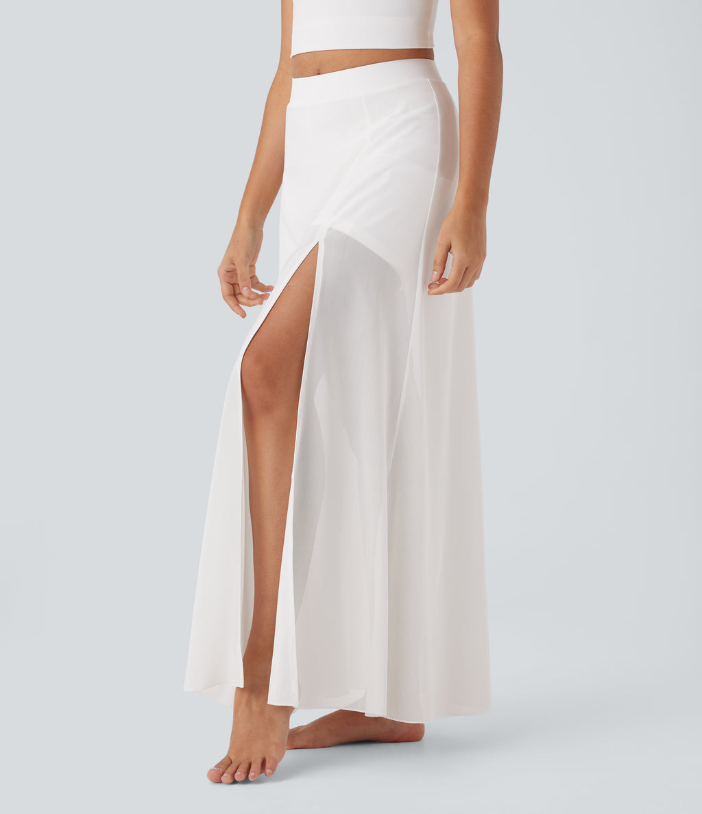 Mid Rise 2-in-1 Split Maxi Dance Skirt with Side Pocket — White — view 1