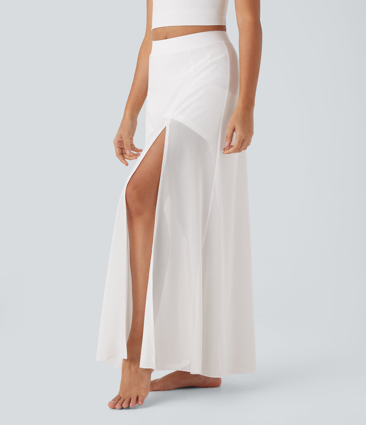 Mid Rise 2-in-1 Split Maxi Dance Skirt with Side Pocket — White — view 1