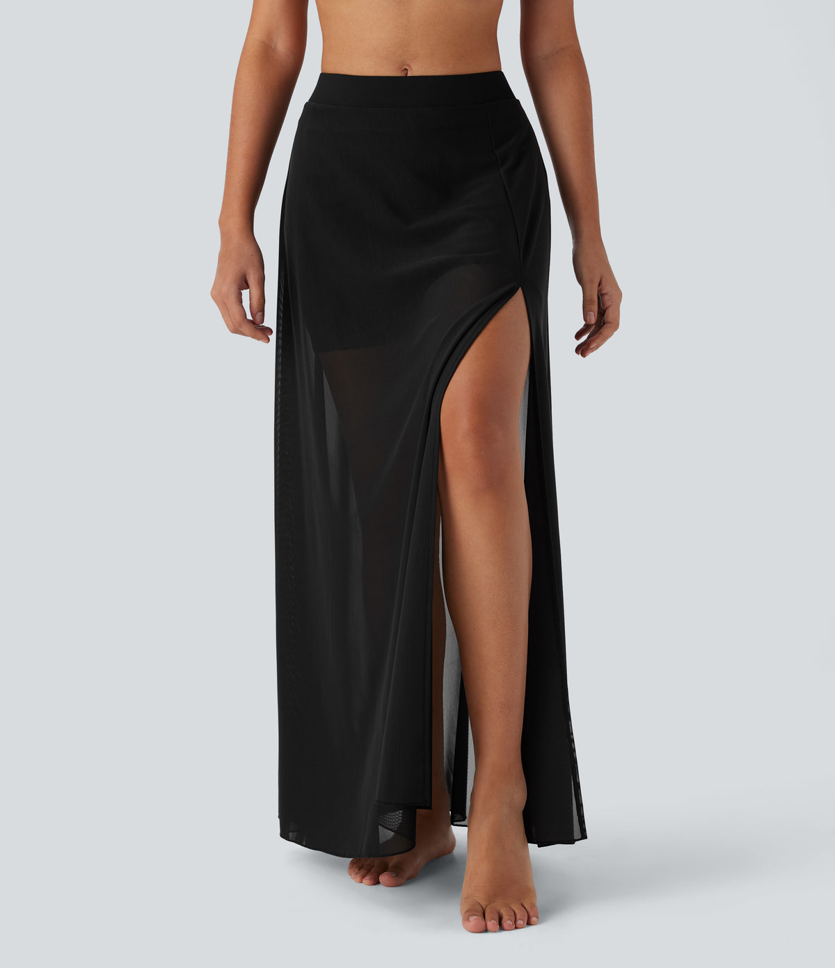 Mid Rise 2-in-1 Split Maxi Dance Skirt with Side Pocket — Black — view 6