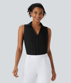 V Neck Sleeveless Button Work Shirt — Black — view 1