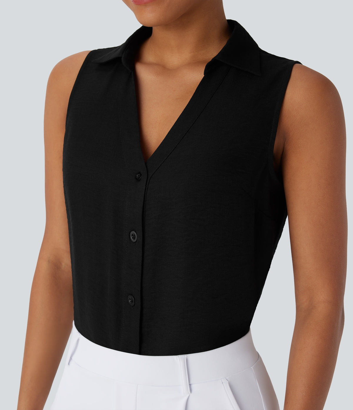 V Neck Sleeveless Button Work Shirt — Black — view 4