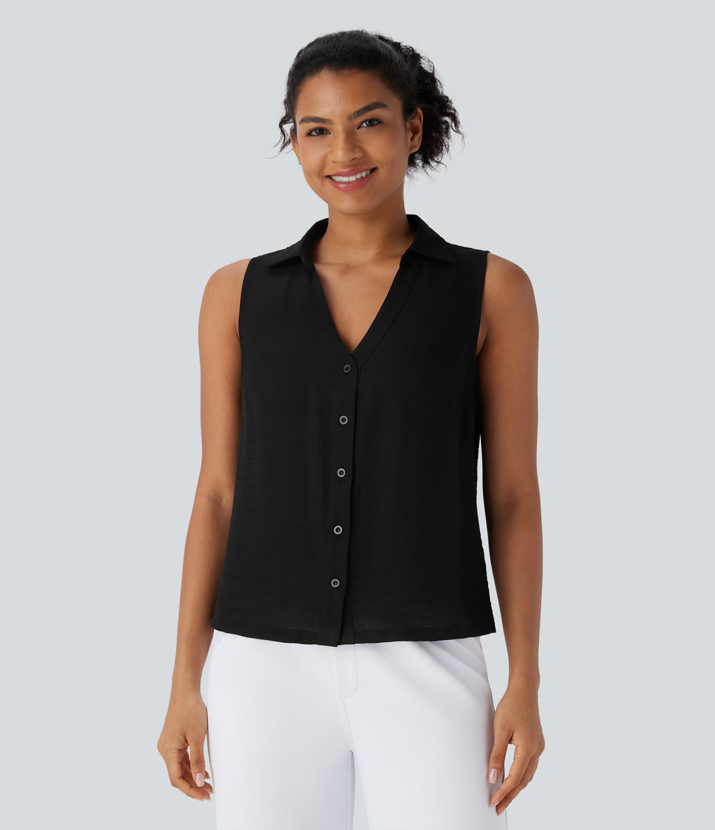 V Neck Sleeveless Button Work Shirt — Black — view 5