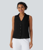 V Neck Sleeveless Button Work Shirt — Black — view 5