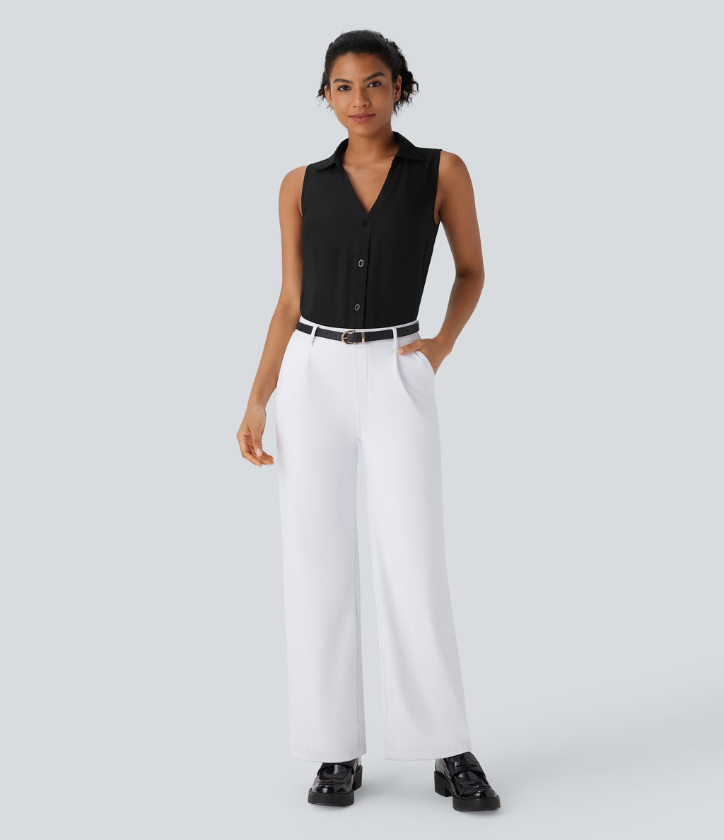 V Neck Sleeveless Button Work Shirt — Black — view 6
