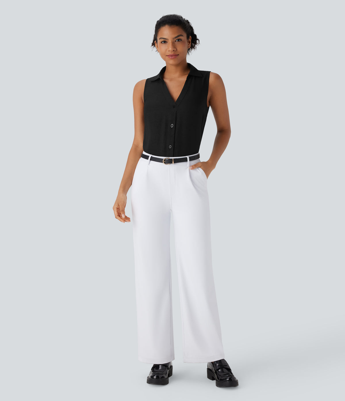V Neck Sleeveless Button Work Shirt — Black — view 6