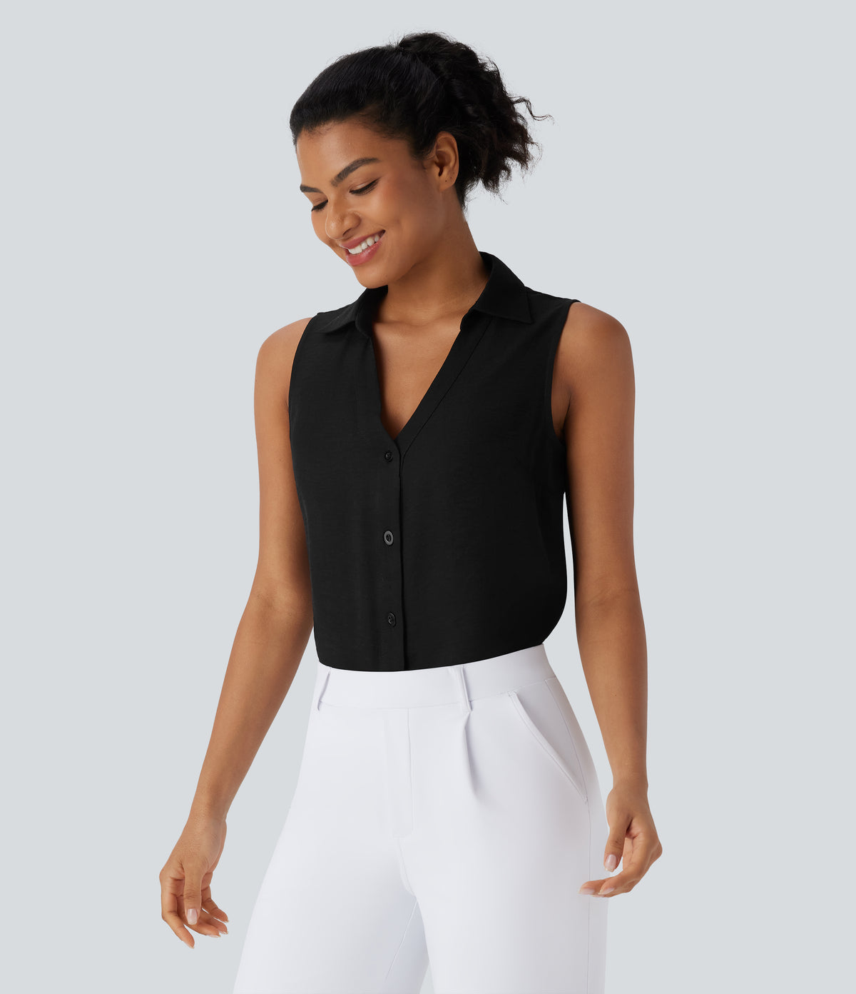 V Neck Sleeveless Button Work Shirt — Black — view 3
