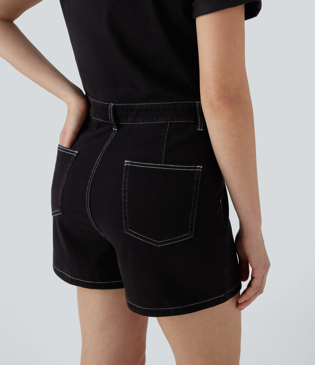 Short Sleeve Washed Denim Casual Utility Playsuit with Pockets — Black Denim — view 5