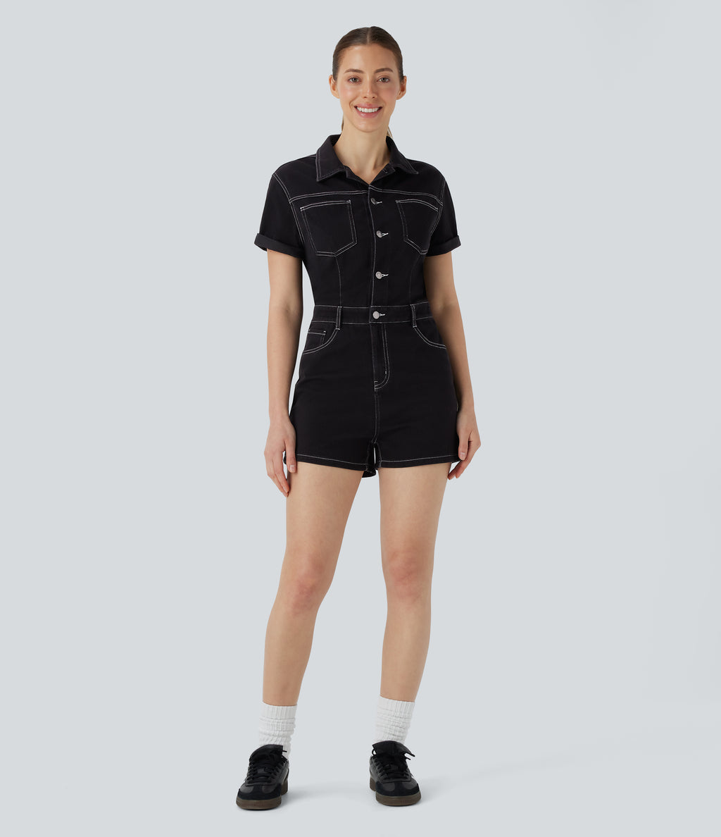 Short Sleeve Washed Denim Casual Utility Playsuit with Pockets — Black Denim — view 7
