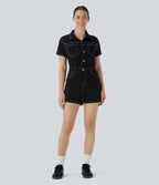 Short Sleeve Washed Denim Casual Utility Playsuit with Pockets — Black Denim — view 7