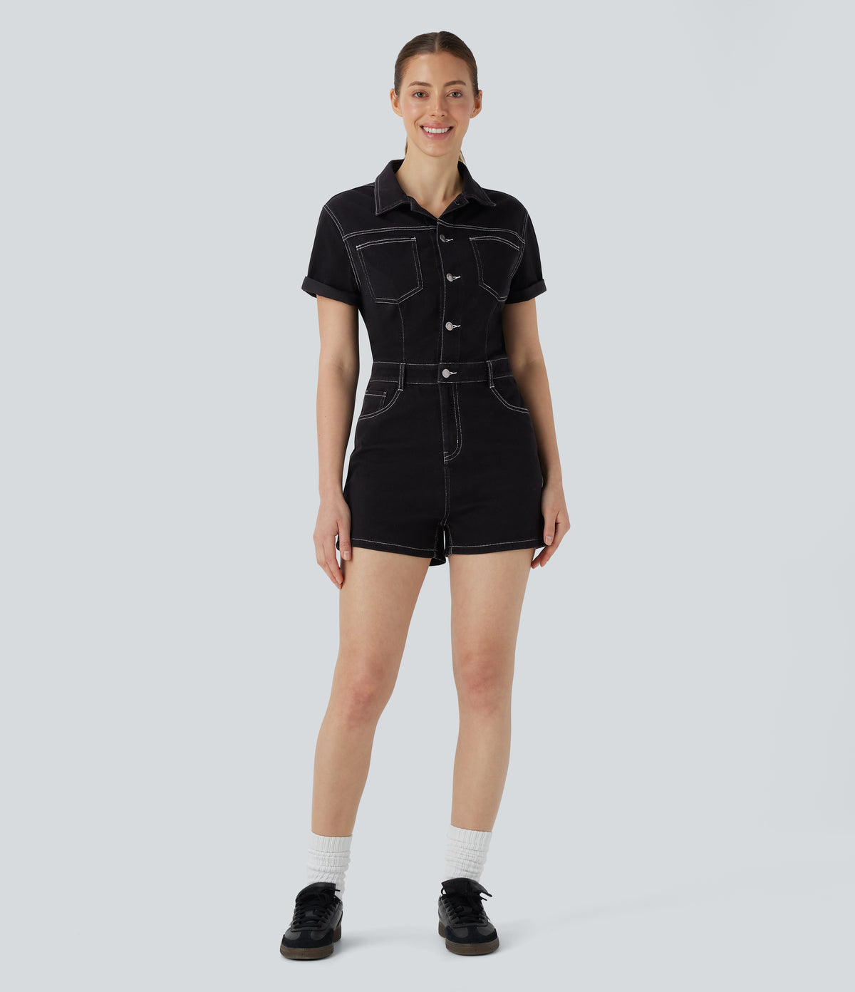 Short Sleeve Washed Denim Casual Utility Playsuit with Pockets — Black Denim — view 7