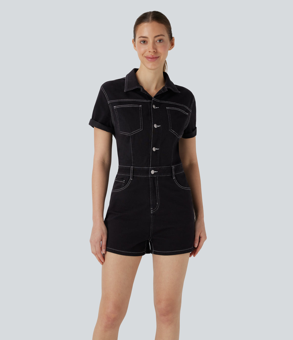 Short Sleeve Washed Denim Casual Utility Playsuit with Pockets — Black Denim — view 1