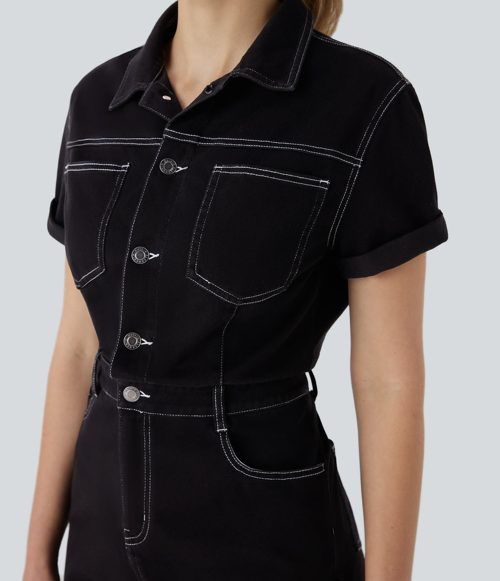 Short Sleeve Washed Denim Casual Utility Playsuit with Pockets — Black Denim — view 4