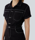 Short Sleeve Washed Denim Casual Utility Playsuit with Pockets — Black Denim — view 4