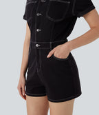 Short Sleeve Washed Denim Casual Utility Playsuit with Pockets — Black Denim — view 6