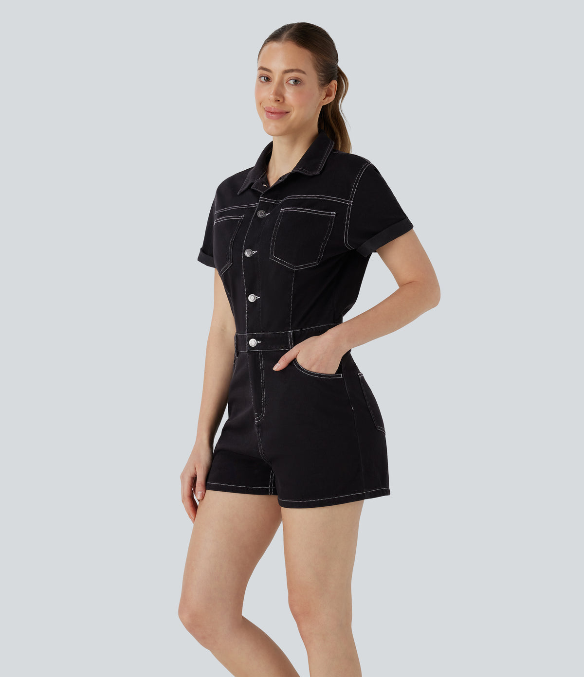 Short Sleeve Washed Denim Casual Utility Playsuit with Pockets — Black Denim — view 3