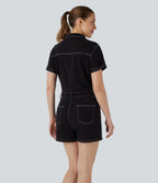 Short Sleeve Washed Denim Casual Utility Playsuit with Pockets — Black Denim — view 2