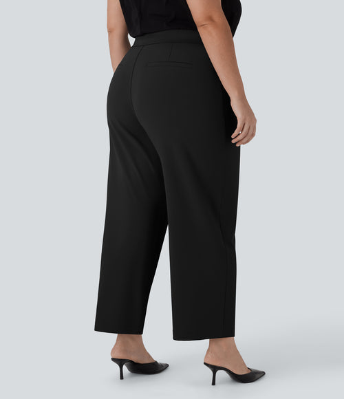 High Waisted Ankle Length Tapered Work Plus Size Trousers with Pockets — Black — view 2