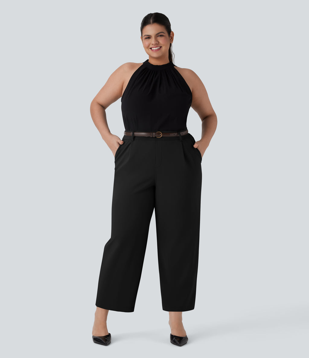High Waisted Ankle Length Tapered Work Plus Size Trousers with Pockets — Black — view 6