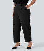 High Waisted Ankle Length Tapered Work Plus Size Trousers with Pockets — Black — view 1