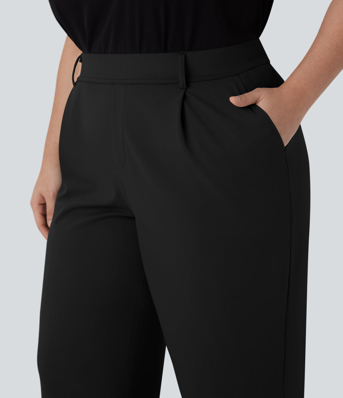 High Waisted Ankle Length Tapered Work Plus Size Trousers with Pockets — Black — view 4
