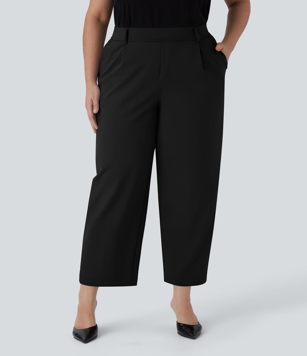 High Waisted Ankle Length Tapered Work Plus Size Trousers with Pockets — Black — view 3