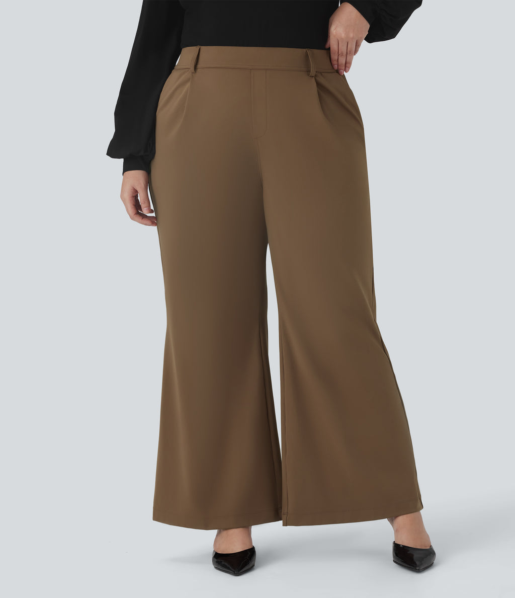 High Waisted Work Plus Size Flared Trousers with Pockets — Sepia — view 3