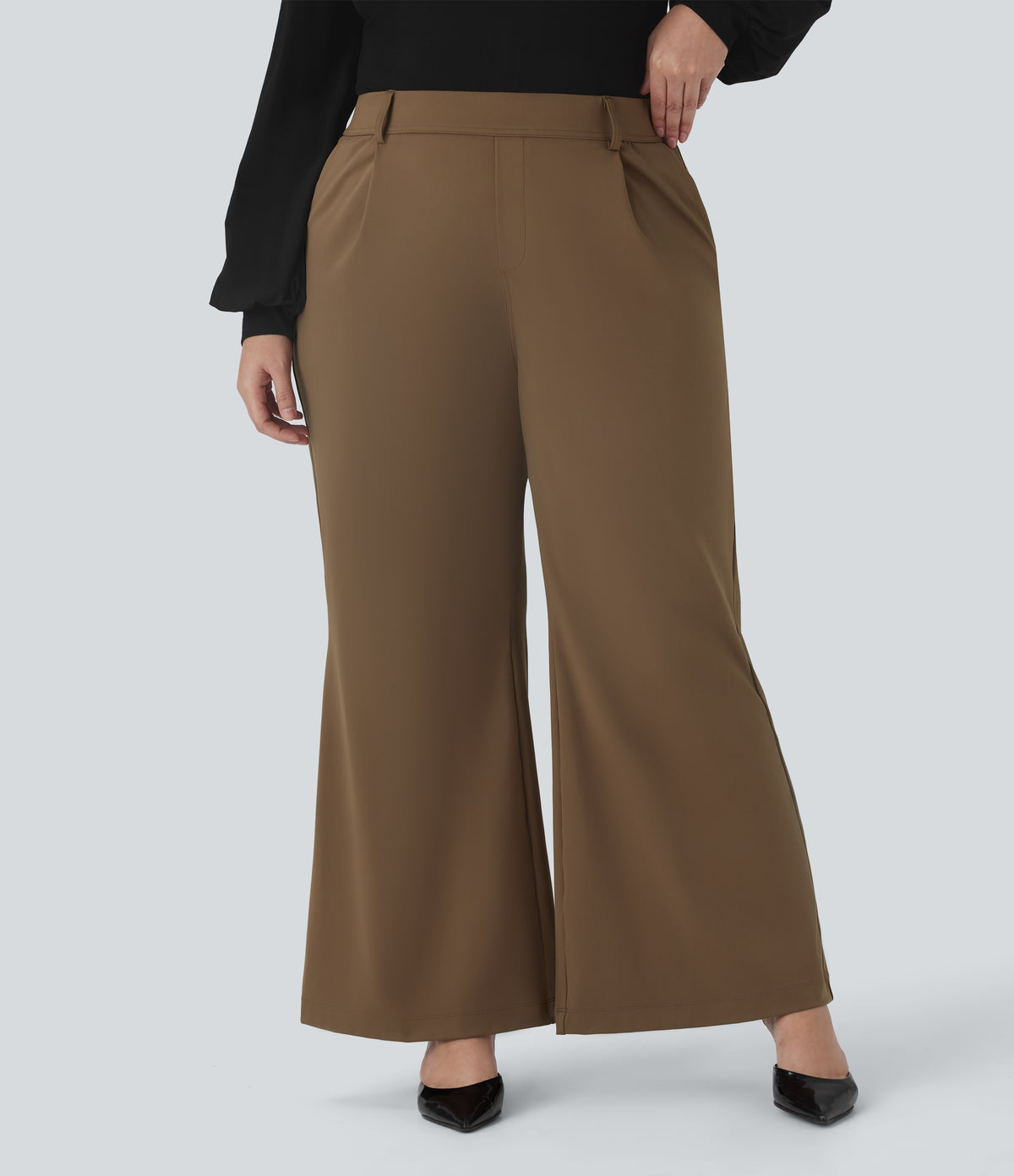 High Waisted Work Plus Size Flared Trousers with Pockets — Sepia — view 3