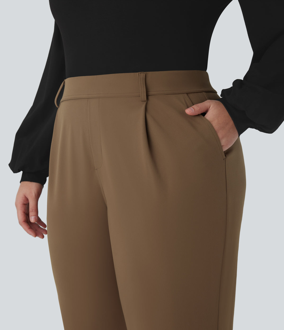 High Waisted Work Plus Size Flared Trousers with Pockets — Sepia — view 4