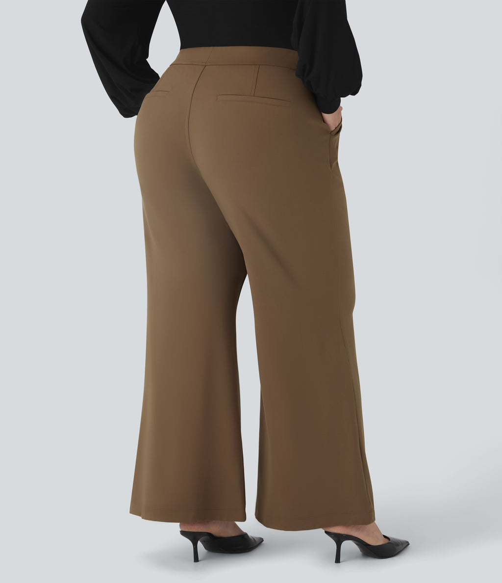 High Waisted Work Plus Size Flared Trousers with Pockets — Sepia — view 2